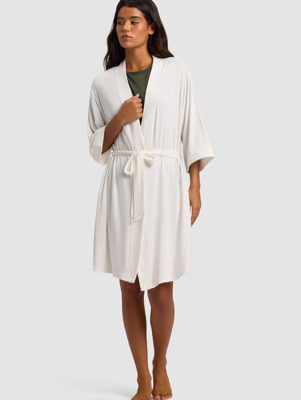 Cozy Earth Stretch-Knit Bamboo Kimono Robe VISCOSE Women Size S Ivory White Tie
